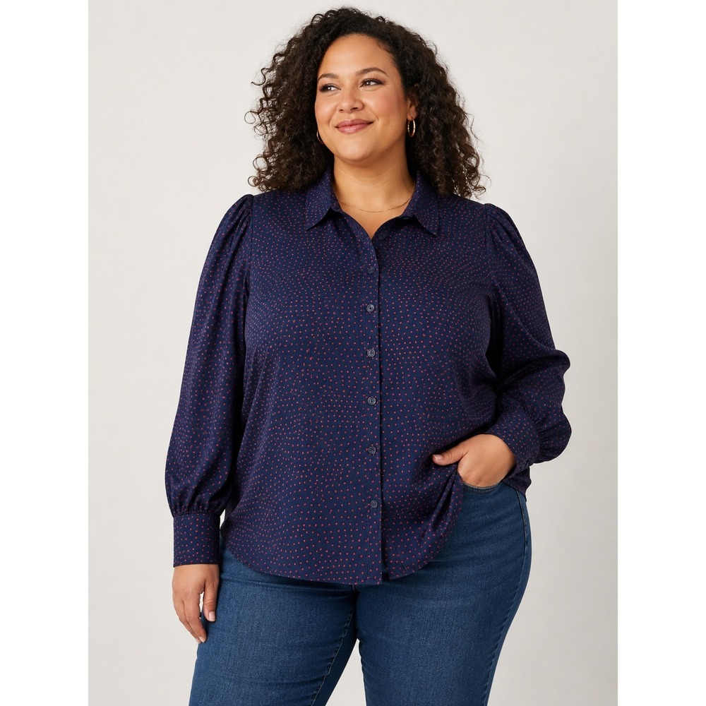 ModCloth Blouse Womens 1X Heart Print Button Front Long Sleeve Navy Blue
